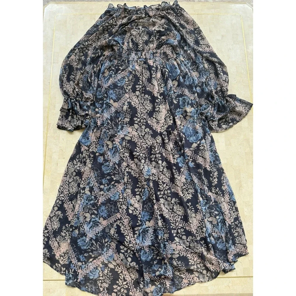 Free People Lena SOLD OUT Floral Swing Midi Dress Boho Peasant Fairy Flowy Sz XS - Picture 8 of 11